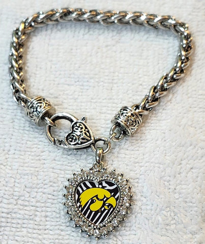 Iowa Hawkeys Zebra Print Rhinestone Heart Shaped Bracelet