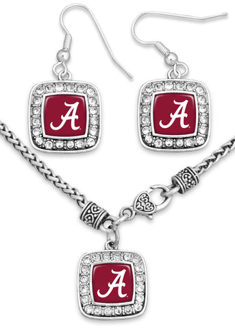 Alabama Crimson Tide Crystal Rhinestone Square Necklace Set