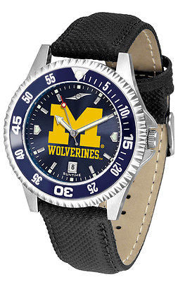Michigan Wolverines Men's Competitor AnoChrome Color Bezel Leather Band Watch